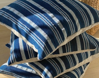 Mud Cloth Pillow Cover, Blue Striped Throw Pillow, West African Indigo Blue, Natural Linen Back, Zipper Closure, 20x20 Coastal Bohemian