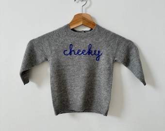 Baby Toddler Kids Custom Cashmere Sweater, Chainstitch Embroidery Words on Shirt, Personalized Baby Shower Gift, Toddler Child Newborn Gift