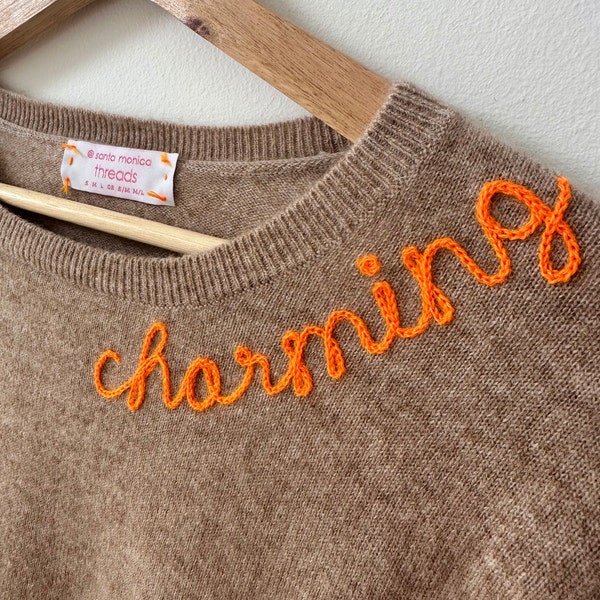 Customized Embroidered Cashmere Sweater for Women, Lightweight Summer Sweater, Chainstitch Script Words on Shirt, Trendy Crewneck
