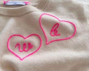 Custom Embroidered Cashmere, 1 to 4 hearts w/ Initials or Name, Up to 5 Letters/heart, Women's Sweater Valentine Day Shirt Gift for Her