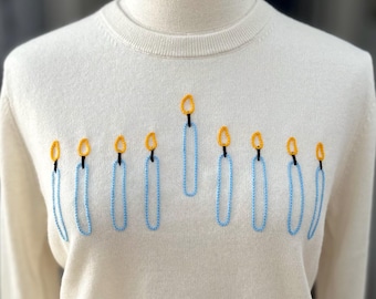 Menorah CASHMERE Chainstitch Embroidered Sweater for Women, Chanukah Hanukah Crewneck For Her, Holiday Clothing, Optional Monogram