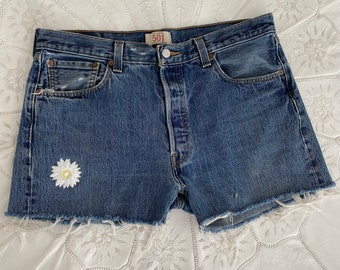 Vintage 501 Levi Denim Shorts, Embellished Jean Shorts with Embroidered Daisy Flower, Cutoff Frayed Jean Shorts, With Raw Edges, size 36