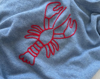 Chainstitch Embroidered Red Lobster Cashmere Sweater For Women, Coastal Nautical Crewneck Shirt, Trendy Custom Seafood Lover Gift