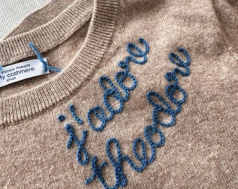 Custom Embroidered Cashmere Crewneck Sweater, Chainstitch Personalized Gift
