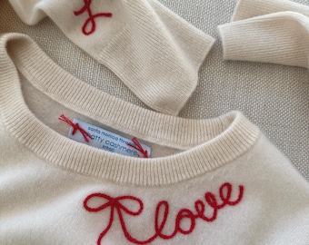 Monogrammed CASHMERE Sweater, Love with Bow Collar Chainstitch Embroidered, Personalized Wrist Initial for Women, Ivory Crewneck and Red