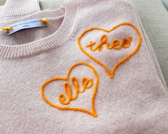 Custom Chainstitch Embroidered Cashmere, Embroidered w/ 1 to 4 hearts with Initials or Name, Up to 5 Characters/heart, Women's Long Sleeve