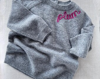 Baby Toddler Kids Custom Cashmere Sweater, Chainstitch Embroidery Words on Shirt, Personalized Baby Shower Gift, Toddler Child Newborn Gift
