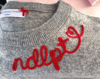 Needlepoint Lover Gift Embroidered CASHMERE Personalized Sweater, Themed Crewneck for Mom Grandmother Nana, Vintage Chainstitch