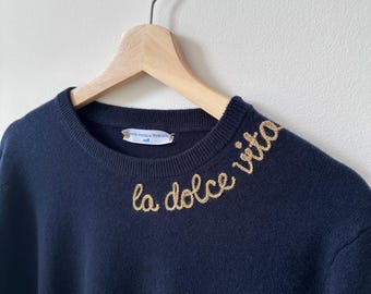Men's Custom 100% CASHMERE Sweater, Chest or Collar Chainstitch Embroidered Crewneck Clothing for Men, Gift for Dad