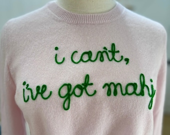 Custom Embroidered CASHMERE Sweater, Mahjong Player Lover Gift, Gift for Mom Grandmother Nana, Vintage Inspired Chainstitch