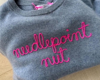 Custom Needlepoint theme Embroidered Cashmere Sweater, Needlepoint Lover Gift, Gift for Mom Grandmother Nana, Vintage Inspired Chainstitch