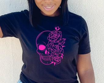 Gothic Shirt, Gothic Shirt, Gothic Kleidung, Gothic Designs, Totenkopf mit Blumen, Totenkopf T-Shirt, Totenkopf Shirt, Blumen, T-Shirts für sie, Geschenke für Sie