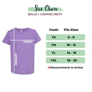 May include: A purple youth t-shirt with a size chart showing chest and height measurements in inches. The chart lists youth sizes YS, YM, YL, and YXL with corresponding fits sizes 6-8, 10-12, 14-16, and 18-20.