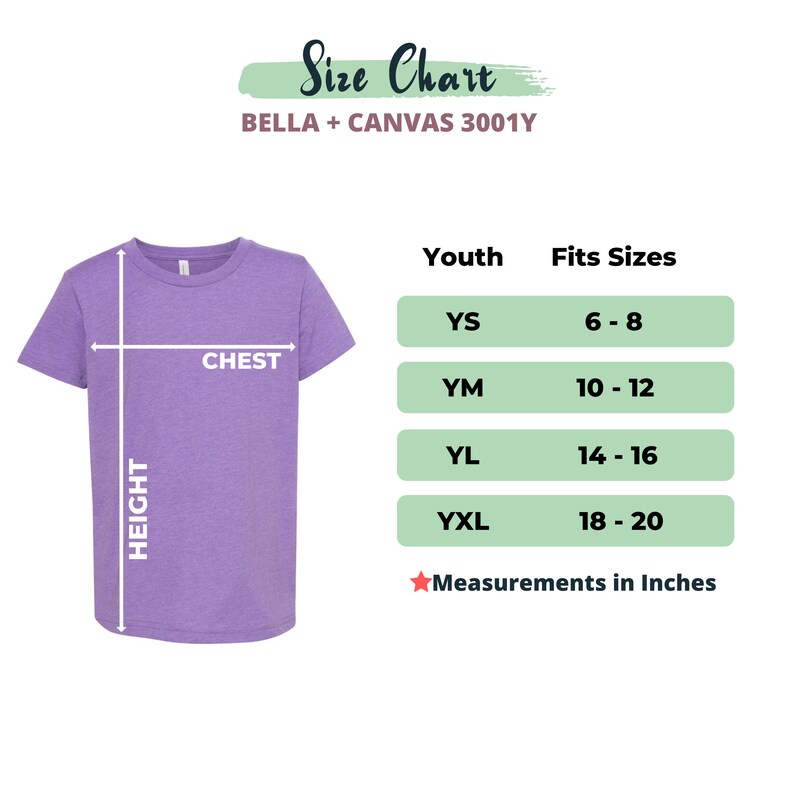 May include: A purple youth t-shirt with a size chart showing chest and height measurements in inches. The chart lists youth sizes YS, YM, YL, and YXL with corresponding fits sizes 6-8, 10-12, 14-16, and 18-20.