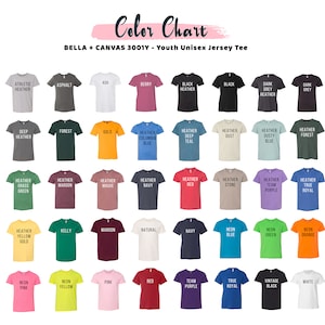 May include: Colour chart displaying 36 different colours of youth unisex jersey t-shirts. The colours are arranged in rows and columns, with the name of each colour printed below the corresponding t-shirt.