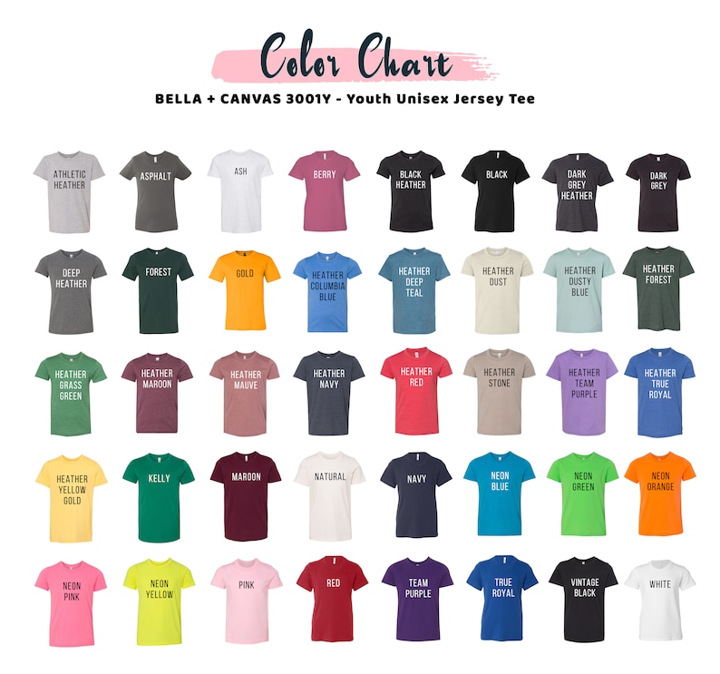 May include: Colour chart displaying 36 different colours of youth unisex jersey t-shirts. The colours are arranged in rows and columns, with the name of each colour printed below the corresponding t-shirt.
