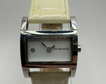 Vintage Hot Diamonds damestankhorloge vierkant wit leer zilverkleurig Japan cadeau haar damesmode klein