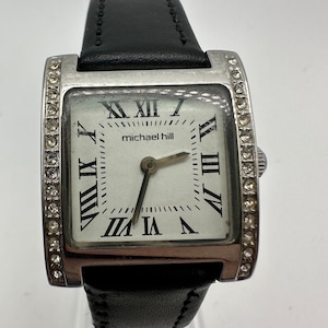 vintage Michael hill ladies silver tank Watch white face Roman Numerals faux black leather strap gift her women mom designer rectangle