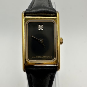 vintage Wittnauer ladies gold tone tank Watch black face Swiss made small minimalist dress gift her ladies women mom