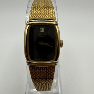 vintage Seiko ladies tank square Watch dress gold tone japan gift her ladies women black face small dainty