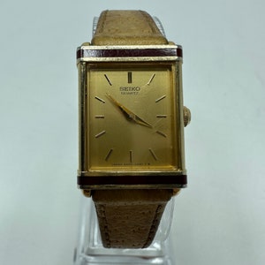 Vintage RARE Seiko 5420 523A gold tone ladies tank Watch square Quartz leather gift her women small dainty