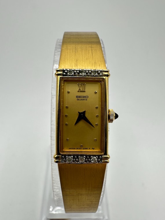 Seiko Vintage Gold Tone Ladies Tank Watch With Diamonds