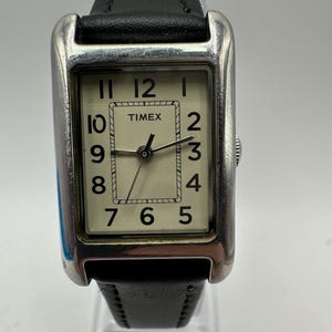 vintage Timex silver tone ladies rectangle tank Watch faux black leather strap retro gift her women mom sale fashion designer