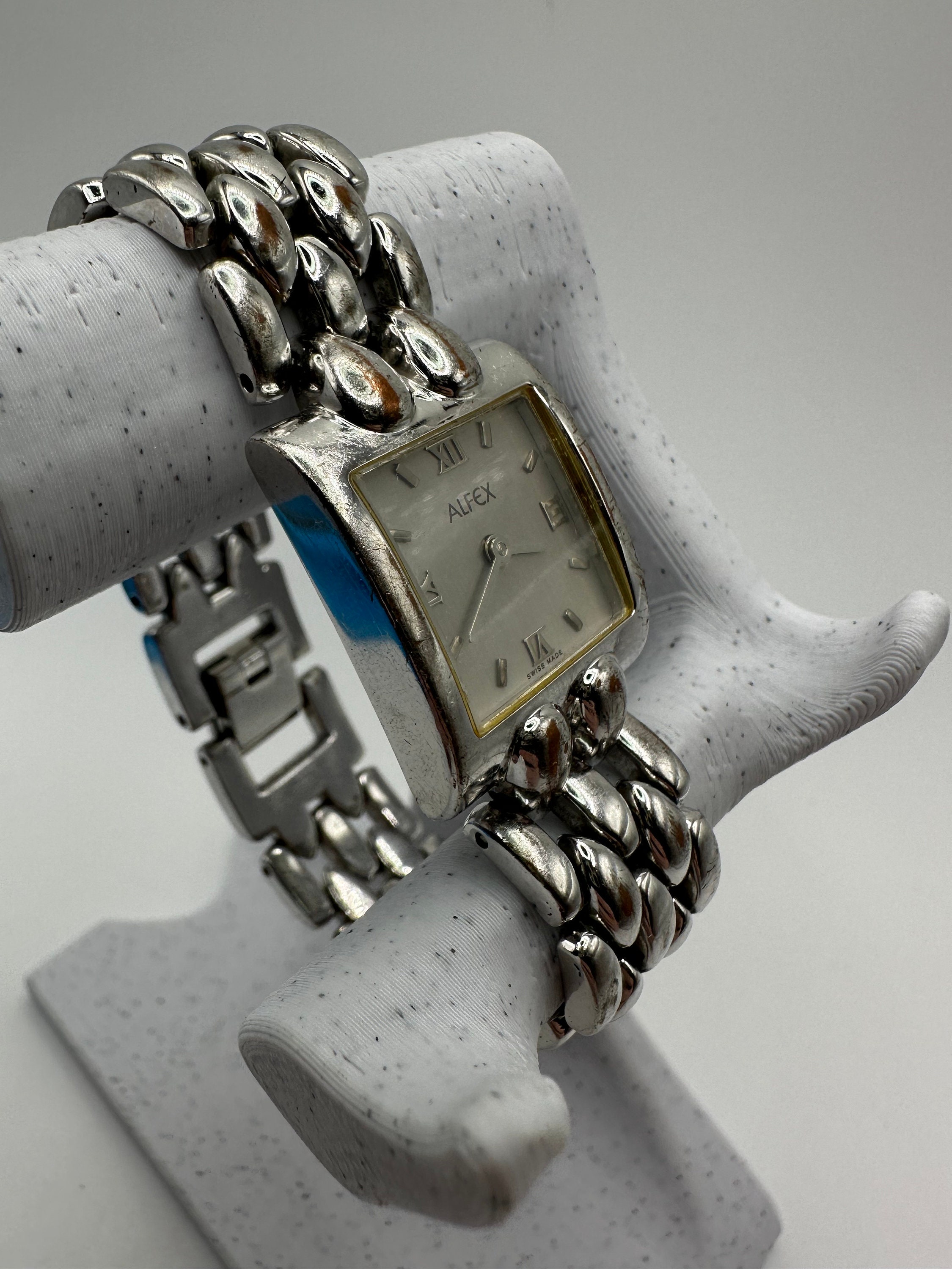 Vintage Alfex Ladies Silver Tank Swiss Quartz Sqaure Designer