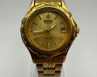 Vintage Seiko SQ50 Damen Datum Taucheruhr goldfarben Retro Japan Modedesigner Geschenk für ihre Frauen