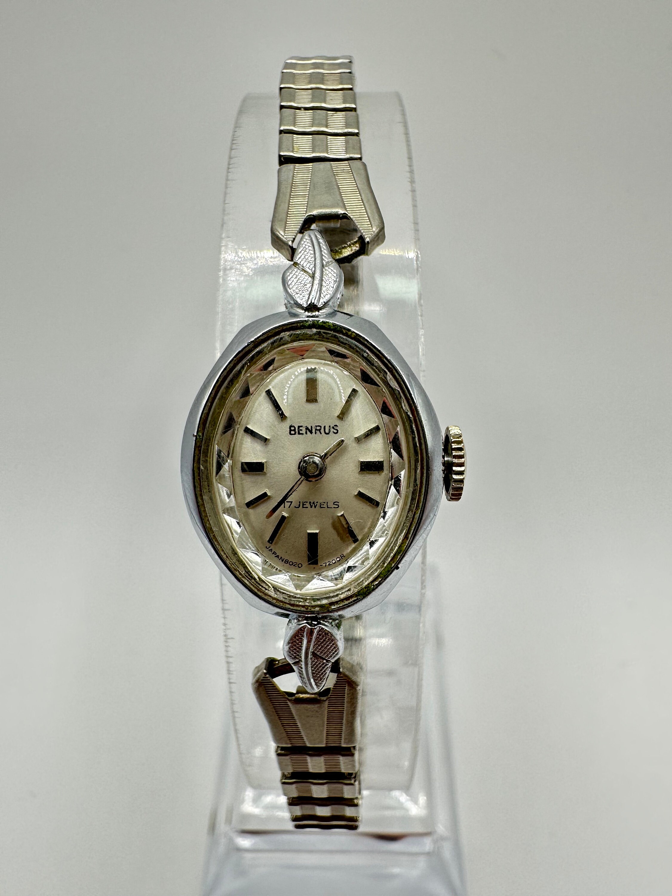Vintage Benrus ladies white gold tone mechanical wind dress watch cocktail gift her women ornate
