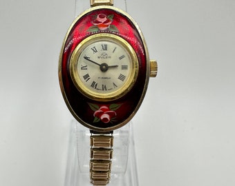 Vintage Buler ladies enamel Swiss made mechanical wind gold tone watch gift her women 25mm retro designer fashion
