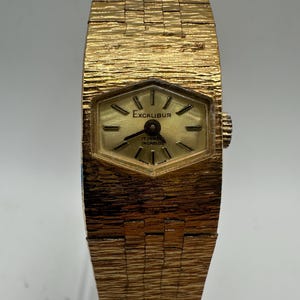 vintage Excalibur ladies hand mechanical wind gold tone Swiss made dress watch adjustable strap gift her women mom minimalist