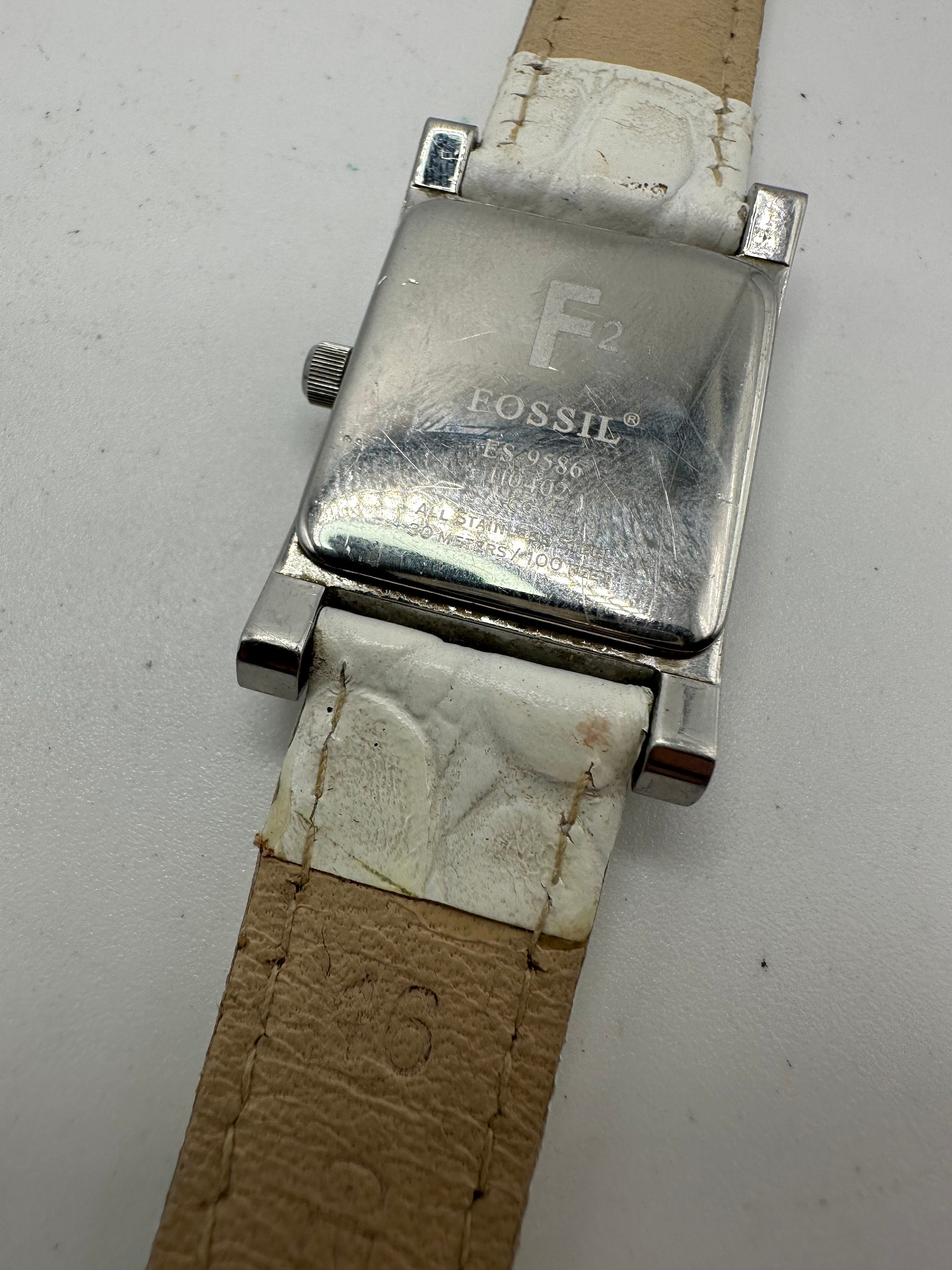 Vintage Fossil F2 Ladies Silver Tank Watch White Leather 