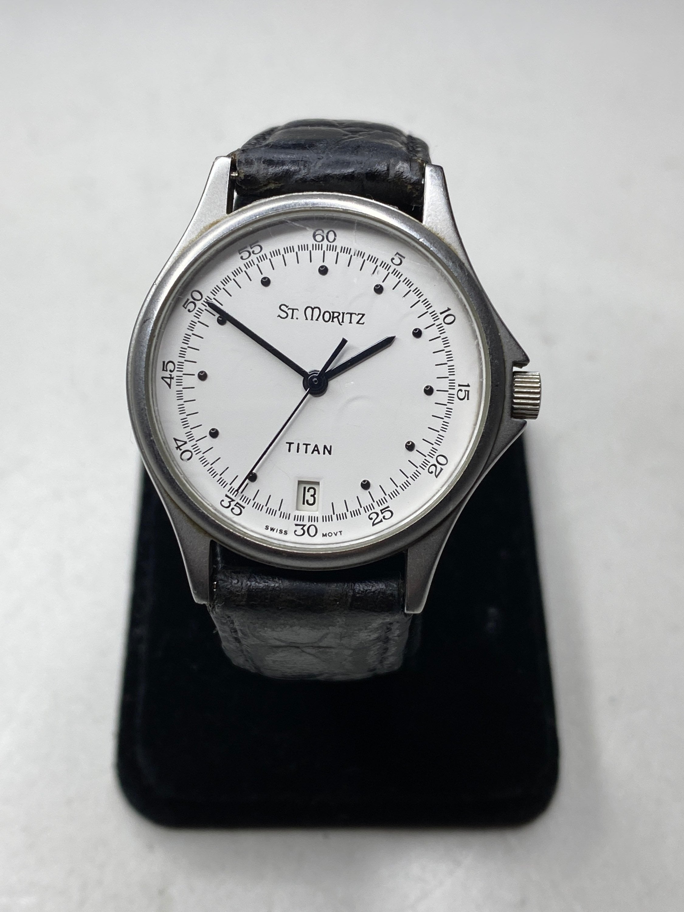 Vintage St Moritz Titan Swiss Movement 32mm Watch Black Leather