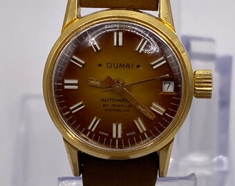 Seltene Dumai 22mm eta Swiss 2671 25 Steine Gold-Ton Damen Automatik Armbanduhr Samtband Vintage Geschenk ihre Frauen Antik Retro