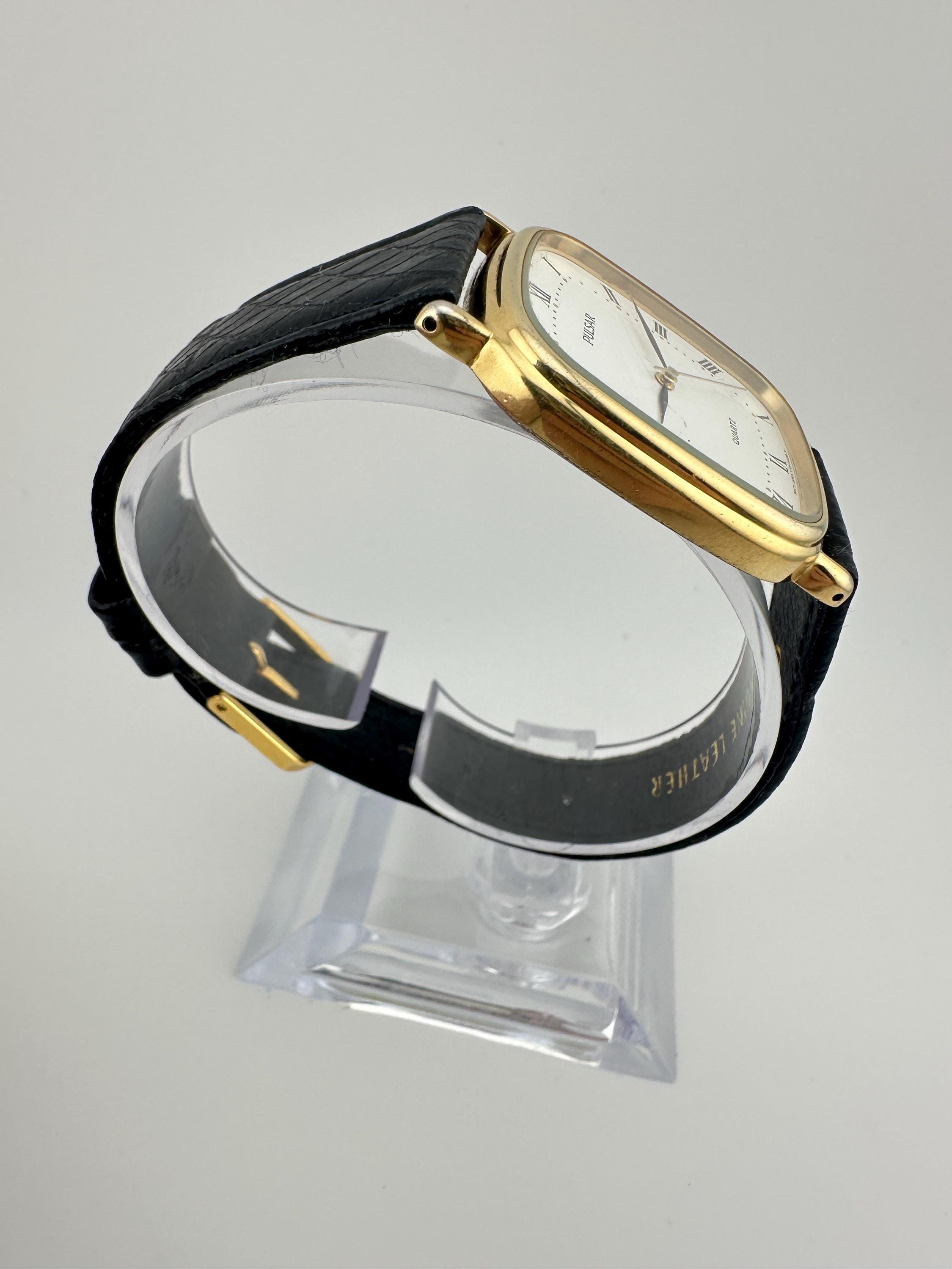 Pulsar by Seiko Vintage Gold Tone Tank Watch White Face Roman