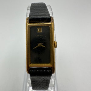vintage Seiko 2E20 gold tone tank Watch hirsch leather band square rectangle dress gift her women retro small dainty sale