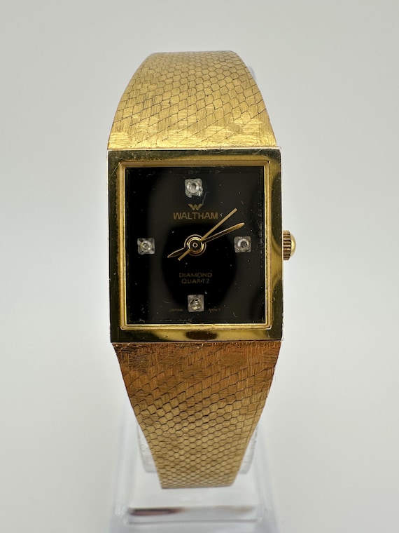Vintage Waltham Ladies Black Face Gold Tone Tank Watch Dress