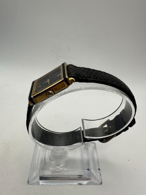 Vintage Seiko 5420 Ladies Gold Tone Tank Watch Black Face Leather