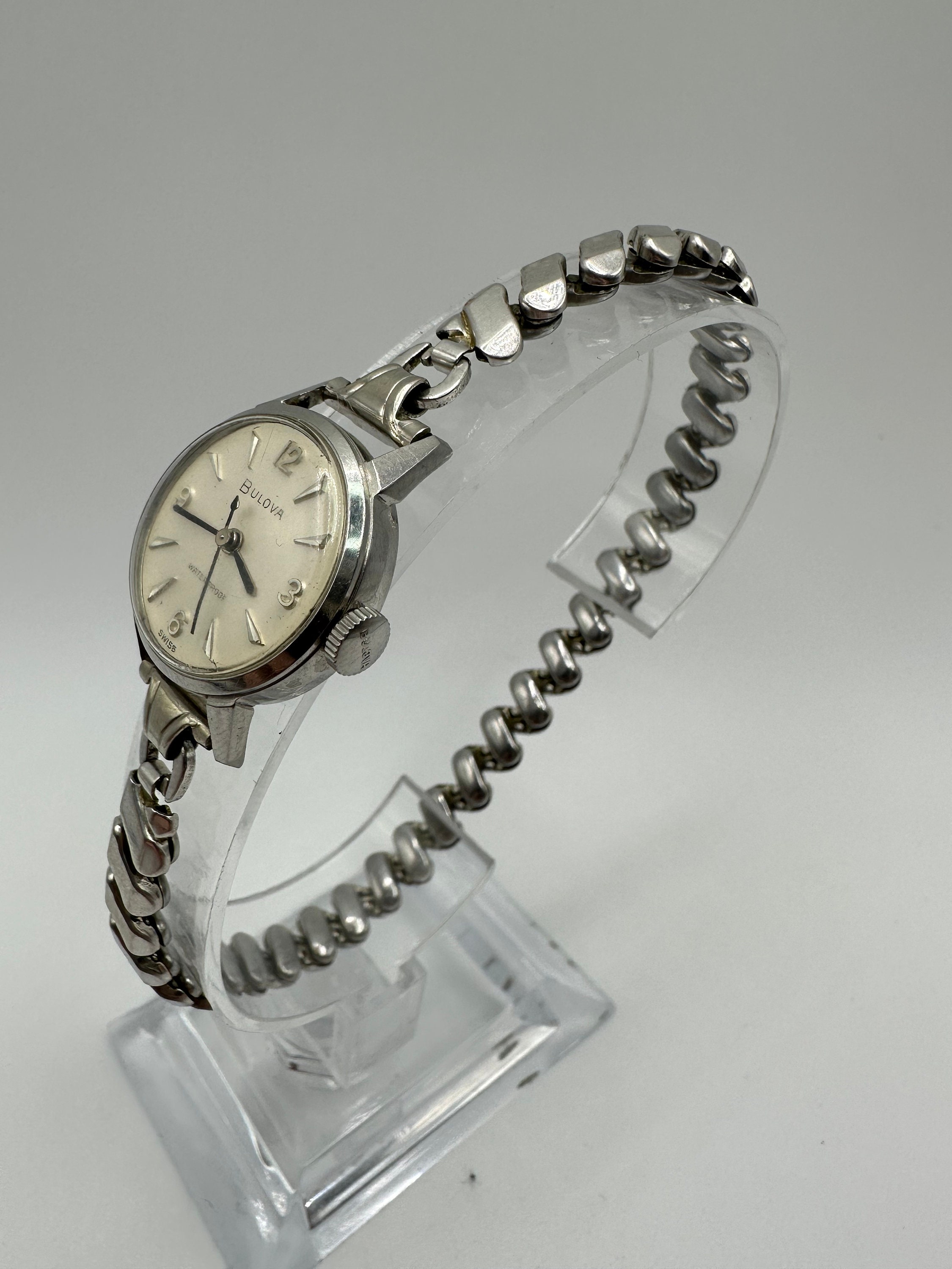 Vintage Bulova 1579 Cocktail Ladies Mechanical Wristwatch 7 BUC Swiss Steel RARE Bulova Vintage 7BUC Mid 1950s Ladies Silver Mechanical  main image 2