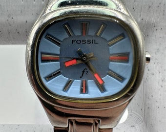 Fossile Vintage Uhr Frauen F2 Quartz Silber Ton Armband ES 9763 Arbeits blaues Gesicht Geschenk ihre Damen Modedesignerin Mama