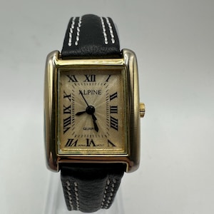 Alpine vintage ladies quartz gold tone tank Watch Roman numerals leather strap gift her women mom rectangle square minimalist retro