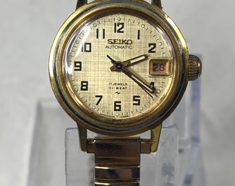 Vintage automatic Seiko 2205-0599 17 jewels high beat gold tone ladies watch stretch band gift her women retro antique stretch