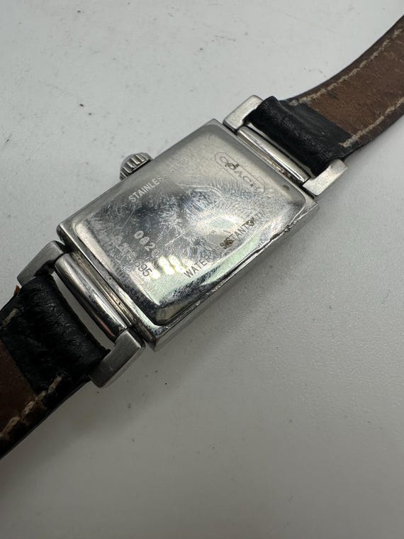 Coach Vintage Swiss Made Ladies Silver Tank Watch Black Leather