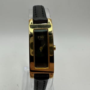 vintage Esq by Movado laides gold tone tank Watch rectangle face gift her women mom dress black faux leather strap small dainty minimalist