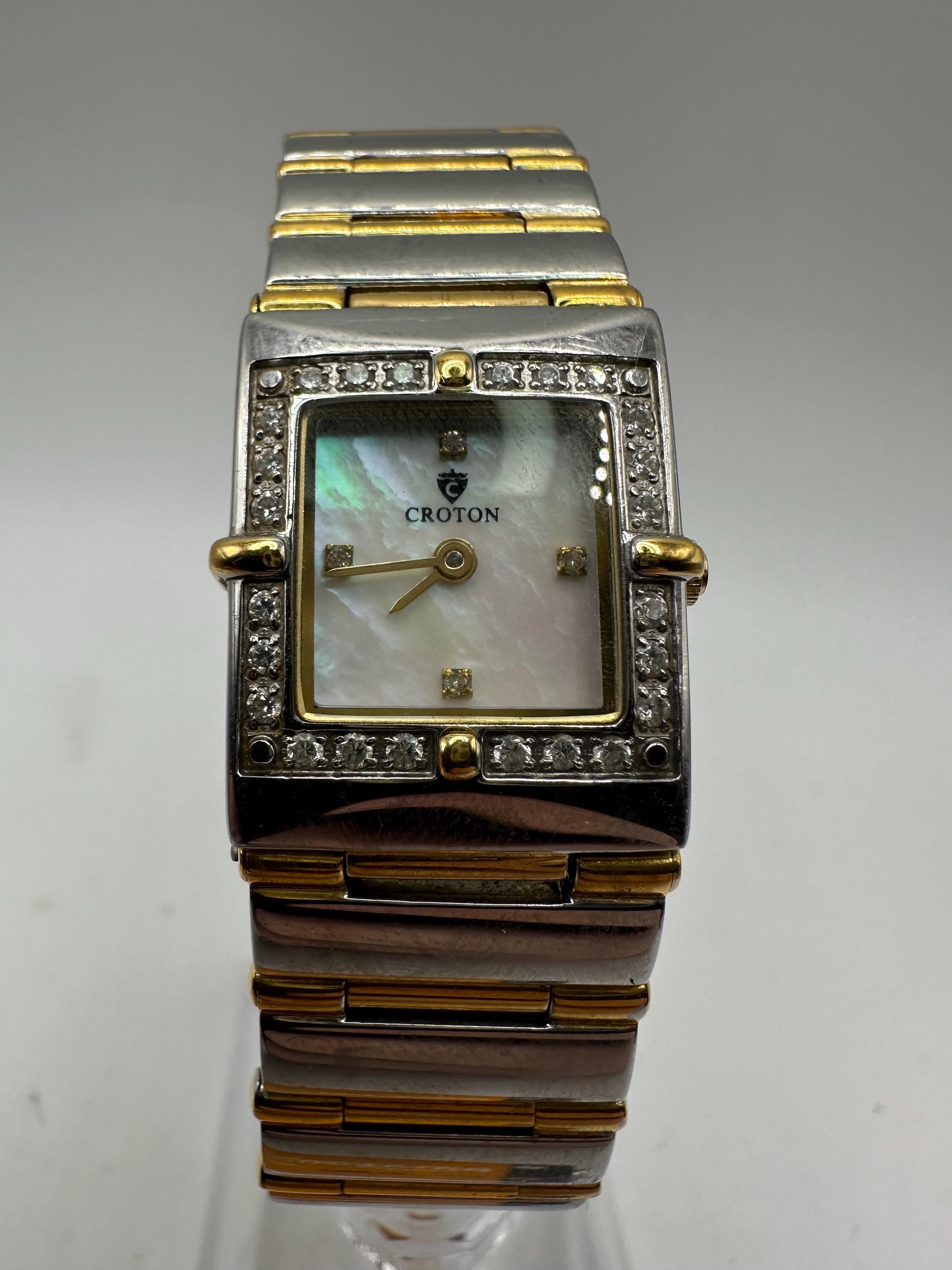 Croton Rose Gold-Tone Crystal-Accent Mother-of-Pearl Watch Croton Ladies Rosetone Round Mother of Pearl Dial Watch with  main image 3
