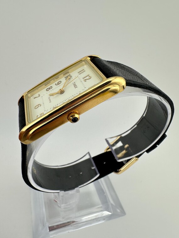 Vintage MINT Timex Tank Watch Gold Tone White Face Black  display picture 2