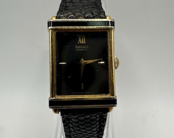 Orologio vintage Seiko 5420 da donna color oro con cinturino in pelle e quadrante nero, regalo per lei, donna, mamma, vendita, moda, quadrato, rettangolo, Giappone