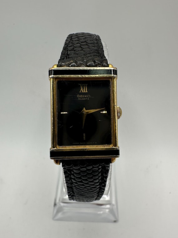 Vintage Seiko 5420 Ladies Gold Tone Tank Watch Black Face Leather