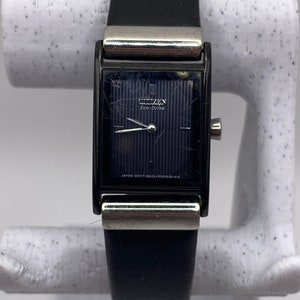Citizen Eco-Drive ladies 19mm tank watch square black leather gift her women rare small dainty designer